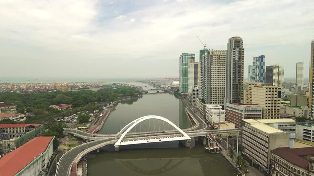 Aerial view of the Binondo Intramuros Bridge over the Pasig River in Manila with high rise buildings waterfront roads and port district beyond