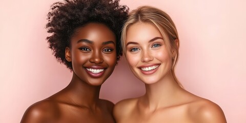 Diverse Beauty Portrait of Two Women Radiating Joy with Flawless Skin on a Soft Pink Background
