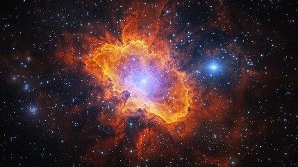 Celestial Inferno A Fiery Nebula with a Blazing Center and Shimmering Stars in the Vast Cosmos