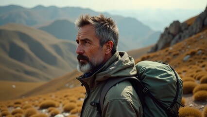 Naklejka premium Bold child adventurer hiking by the Chinyero, Spain, overlooking gravity-defying landscapes, with soft edges and nature-inspired camouflage pine forest green tones.