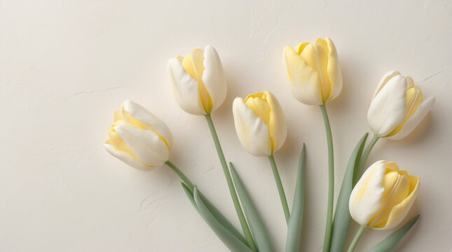 pastel yellow tulip flower flatlay on cream white surface arranged for natural product mockup and spring stock content floral botanical wallpaper background
