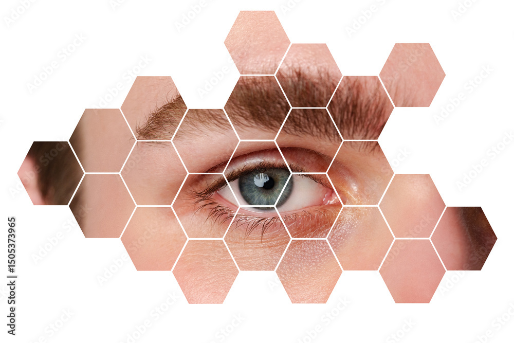 Poster eye close-up with hexagonal pattern overlay illustrating vision and perception in digital art