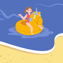 Happy girl floating in sea on rubber toy. Summer vacations, leisure near ocean. Outdoor seasonal entertainment, swimming and relax, vector scene