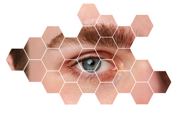 Eye close-up with hexagonal pattern overlay illustrating vision and perception in digital art