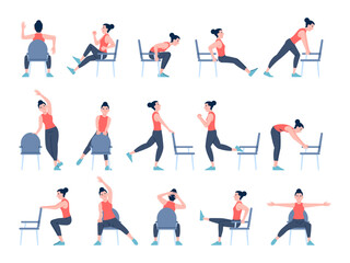 Chair exercises. Woman character shows yoga pilates stretching workout for office workers and sedentary lifestyle people. Simple fitness recent vector set