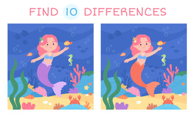 Mermaid find differences game. Underwater location with cute little mermaid, plants and fish. Development game for children, racy vector template