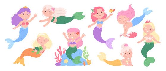 Cute mermaid characters. Little mermaids, funny tiny girls with fish tails. Playful underwater girl, children mascots, racy vector clipart