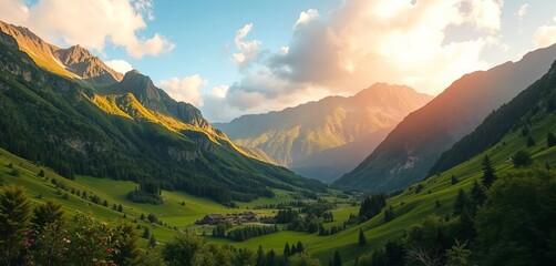 Lush green valley nestled against a majestic mountain range, showcasing vibrant nature, mountains, green