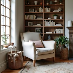Cozy Living Room Oasis: Armchair, Bookshelf, & Rustic Peace Decor