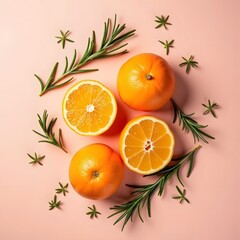 Tranquil Citrus Delight: Tangerines and Rosemary on Blush Pink