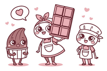 Cute cartoon characters with chocolate and cupcakes
