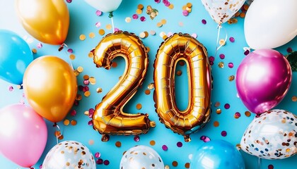 Golden Number 20 Balloons, Multicolored Balloons, Confetti, Celebrating 20th Birthday, Anniversary
