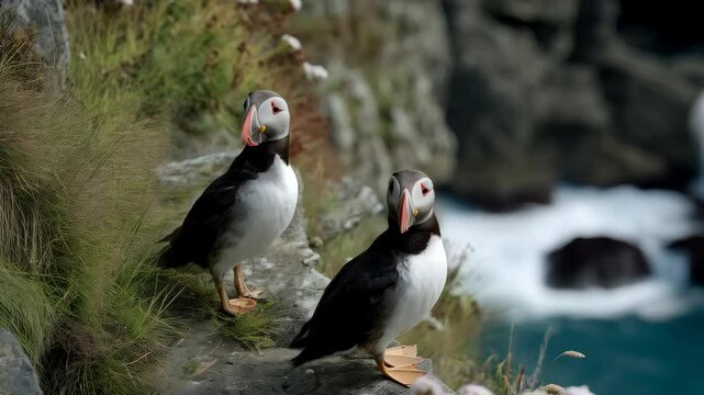 Two Atlantic puffins standing on rocky coastal cliffside with sea thrift wildflowers overlooking turbulent ocean waves in a natural habitat.