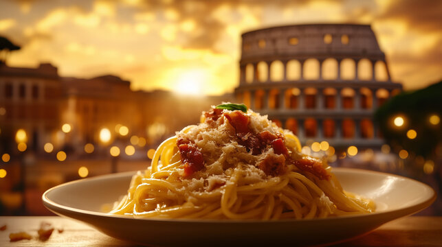 Spaghetti alla Carbonara with the background of historical Rome City at sunset, Italian Cuisine - Powered by Adobe