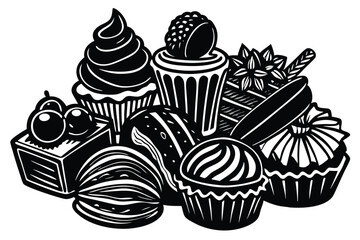 Delicious black and white pastry collection illustration