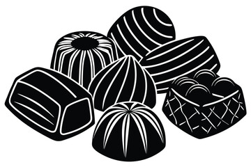 Assorted chocolate candies black and white illustration