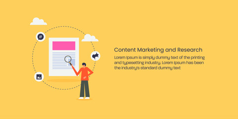 Man studies a document with magnifier, representing content research and  strategic online marketing.
