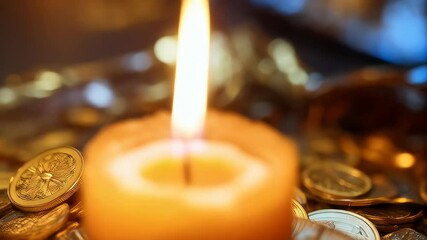Glowing candle flame with gold coins creating warm ambience and a feeling of wealth and prosperity in the soft blurred background. - Powered by Adobe