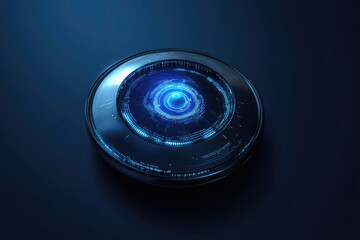 Futuristic circular interface with glowing blue light.