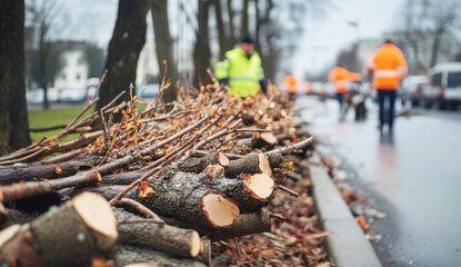 City workers clear fallen trees along a wet street during a rainy winter afternoon