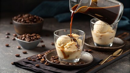 A delicious affogato being poured, with scoops of vanilla ice cream and roasted coffee beans.