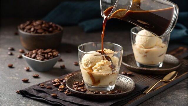 A delicious affogato being poured, with scoops of vanilla ice cream and roasted coffee beans.