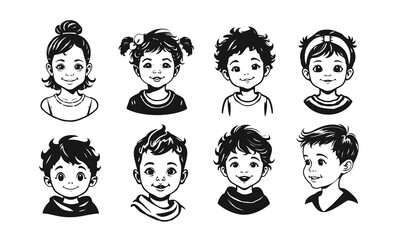 Cute kids faces set, cartoon children, emotional baby expressions, black white characters	
