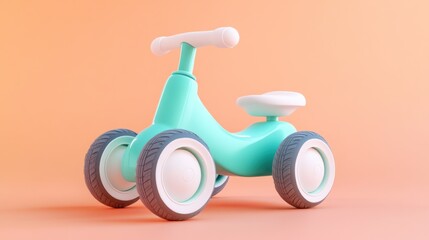 Pastel perfection: A whimsical turquoise toddler bike against peachy backdrop