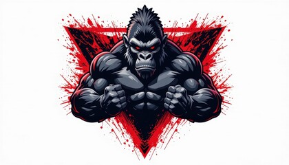 Angry muscular gorilla with red glowing eyes showing fists in aggressive pose, powerful ape warrior with red geometric background and blood splashes, fierce primate mascot