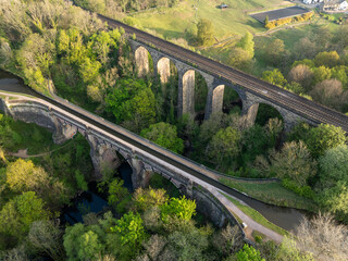 Obraz premium Aerial image of Marple Viaduct and Aqueduct in Greater Manchester UK 