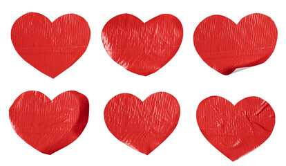 Set of red heart shaped tickers, each sticker made from textured plastic film with a crumpled texture, isolated on white background, png