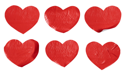 Set of red heart shaped tickers, each sticker made from textured plastic film with a crumpled texture, isolated on white background, png