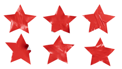 Set of red stars stickers, each sticker made from textured plastic film with a crumpled texture, isolated on white background, png