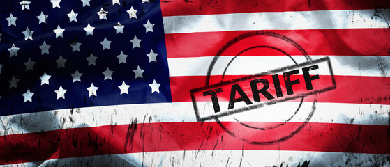 tax tariffs, trade war and economic war concept. USA flag with black stamp text TARIFF
