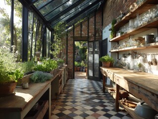 Rustic greenhouse kitchen with herbs and wooden elements.