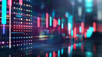 Glowing digital chart display with colorful candlestick graphs indicating market trends and data analysis - Powered by Adobe