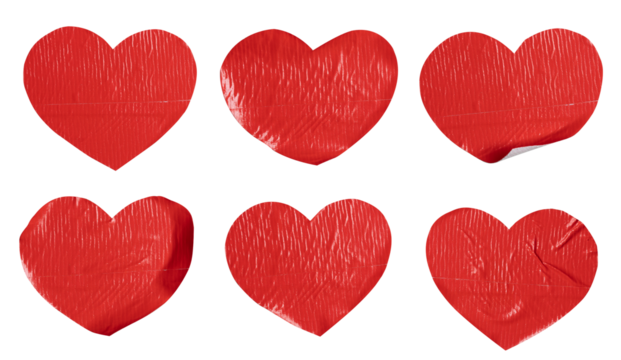 Set of red heart shaped tickers, each sticker made from textured plastic film with a crumpled texture, isolated on white background, png