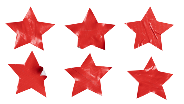 Set of red stars stickers, each sticker made from textured plastic film with a crumpled texture, isolated on white background, png