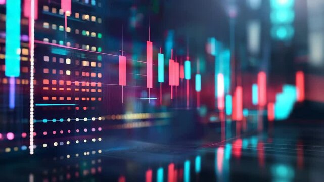 Glowing digital chart display with colorful candlestick graphs indicating market trends and data analysis - Powered by Adobe
