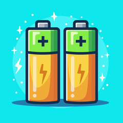 Vector illustration of two colorful batteries with green tops and orange bodies, featuring plus signs and lightning bolts, on a blue background with sparkles
