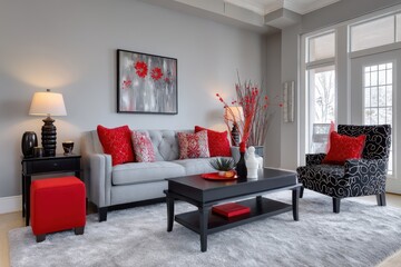 Living room interior design with gray sofa, red accent pillows, and black accent chair.