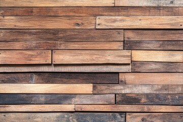 Rustic wood wall with varying tones and textures of reclaimed wood planks, horizontally arranged in a staggered pattern