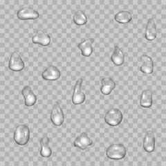 Transparent liquid water drops, realistic droplets