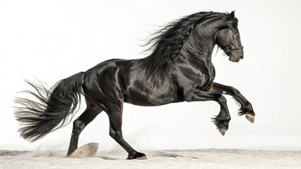 A stunning black Friesian horse in mid-air, showcasing grace and power against white.