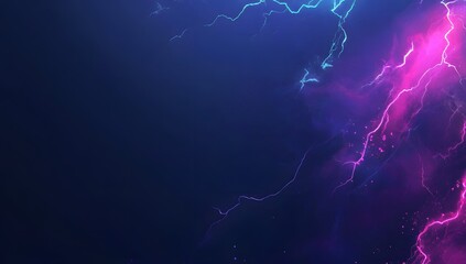 A dark blue background with purple and pink neon shapes, featuring lightning bolts on the right side of the frame. 