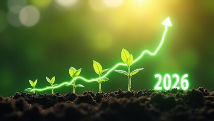 Seedling are growing from soil with growth comparative year 2026. Concept of business growth, profit, agriculture, development and success graph.