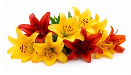 Fototapeta premium photo of a bouquet of lilies yellow and red on a white background