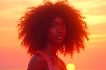 beautiful curls sunset moment, pastel minimalistic illustration of a woman with voluminous curly hair glowing in the golden hour, soft peach background with flowing lines