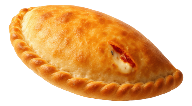 Golden-brown baked empanada with a tightly crimped edge and a glimpse of filling visible, on transparent background.