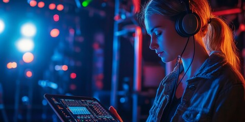 Female Technician Controls Sound and Lighting with Digital Tablet in Backstage Control Room